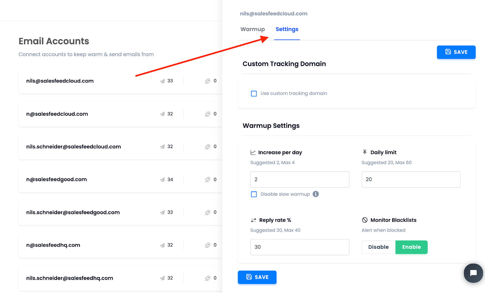 Instantly email account settings