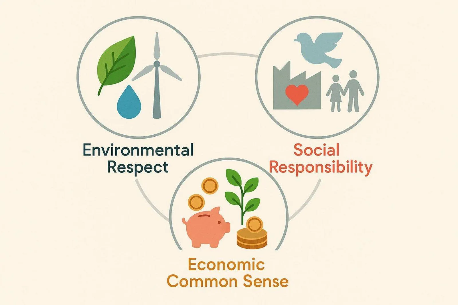 A modern infographic showing three interconnected circles representing environmental respect social responsibility and economic common sense with minimalist icons.