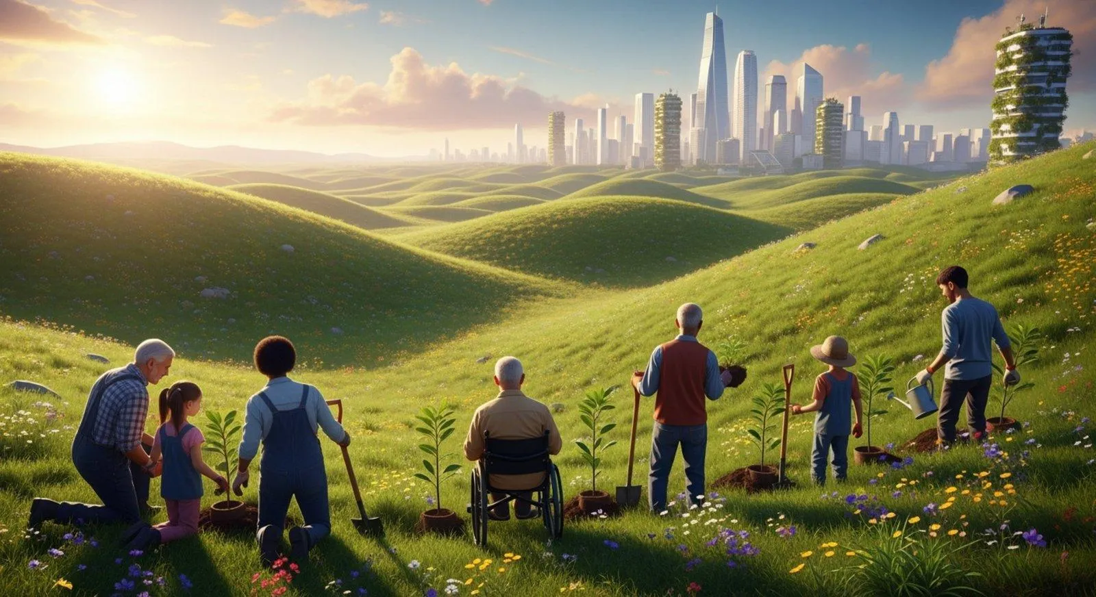 A group of people planting trees on a hillside with a city skyline in the background, symbolizing community effort and hope for a sustainable future.