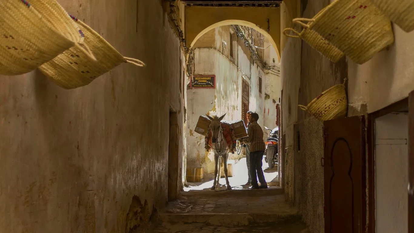 A narrow alley with a man and a horse