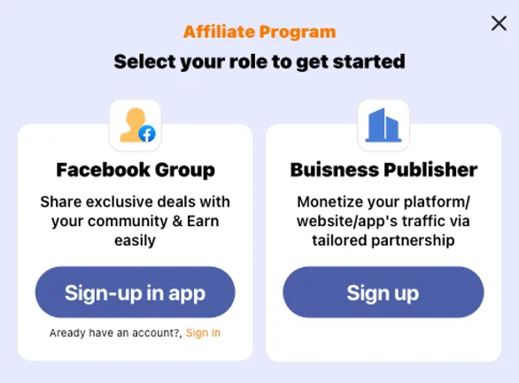 TEMU affiliate program role screen