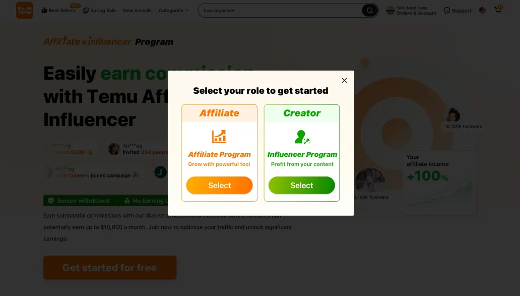 TEMU affiliate and creator screen