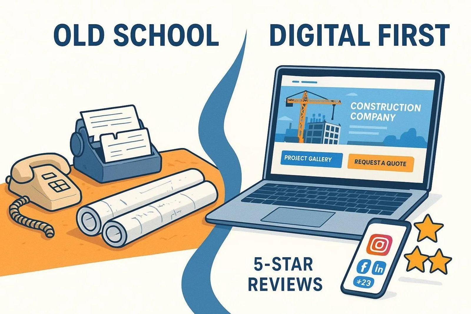 Comparison of traditional and digital presence for a construction business showing dusty office tools versus modern digital devices.