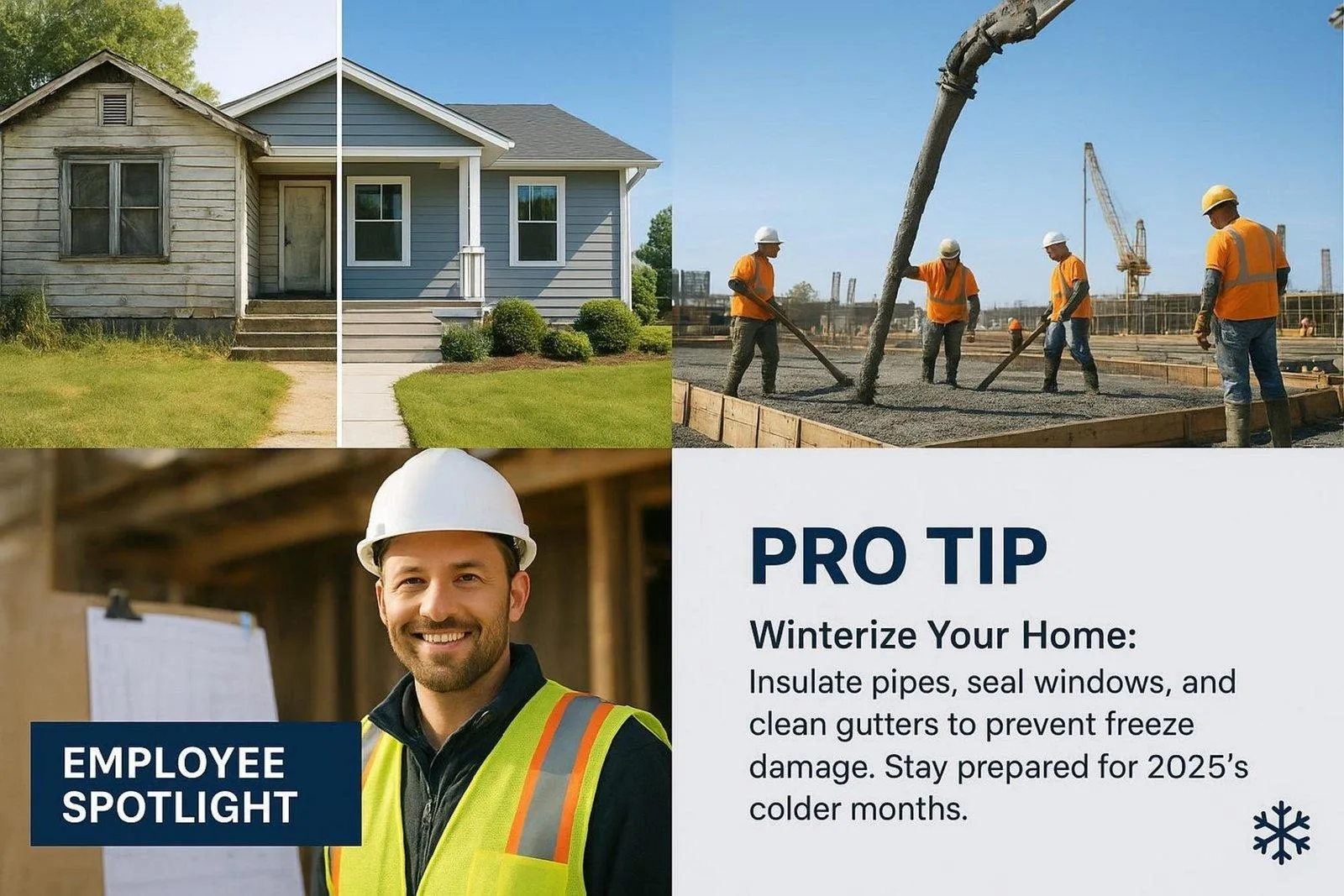 A social media collage showcasing construction projects and tips arranged like an Instagram feed.