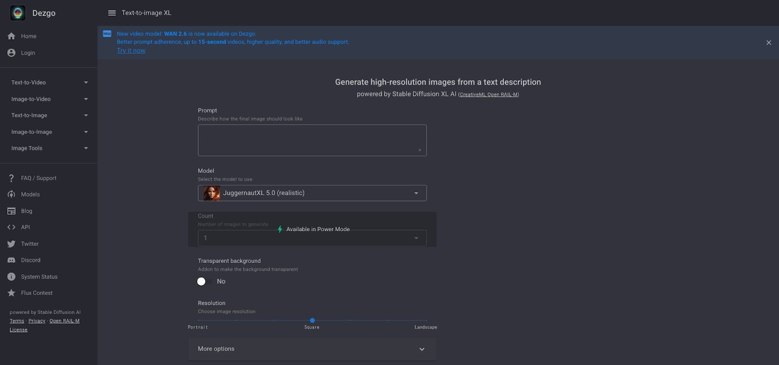 Dezgo advanced Stable Diffusion controls interface