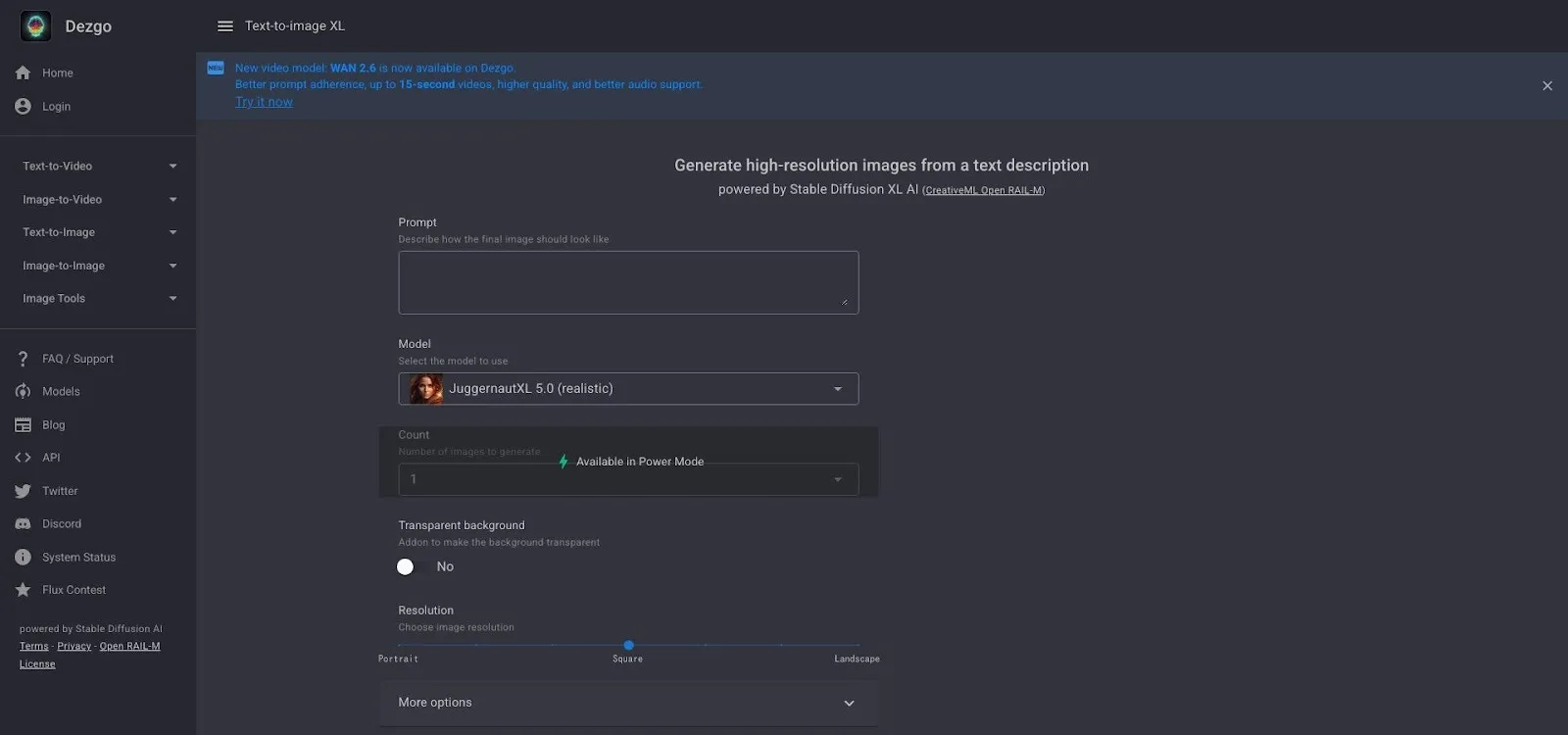 Dezgo advanced Stable Diffusion controls interface
