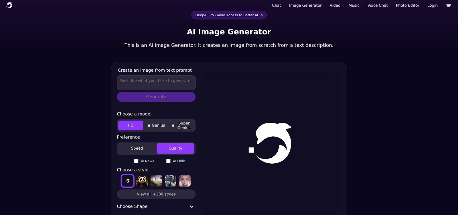 DeepAI text-to-image generator with style presets