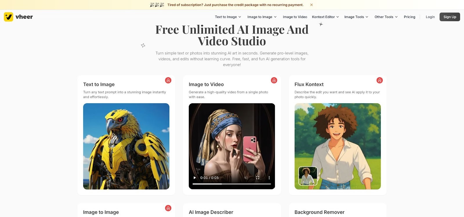 Vheer AI multi-tool image and video studio screen