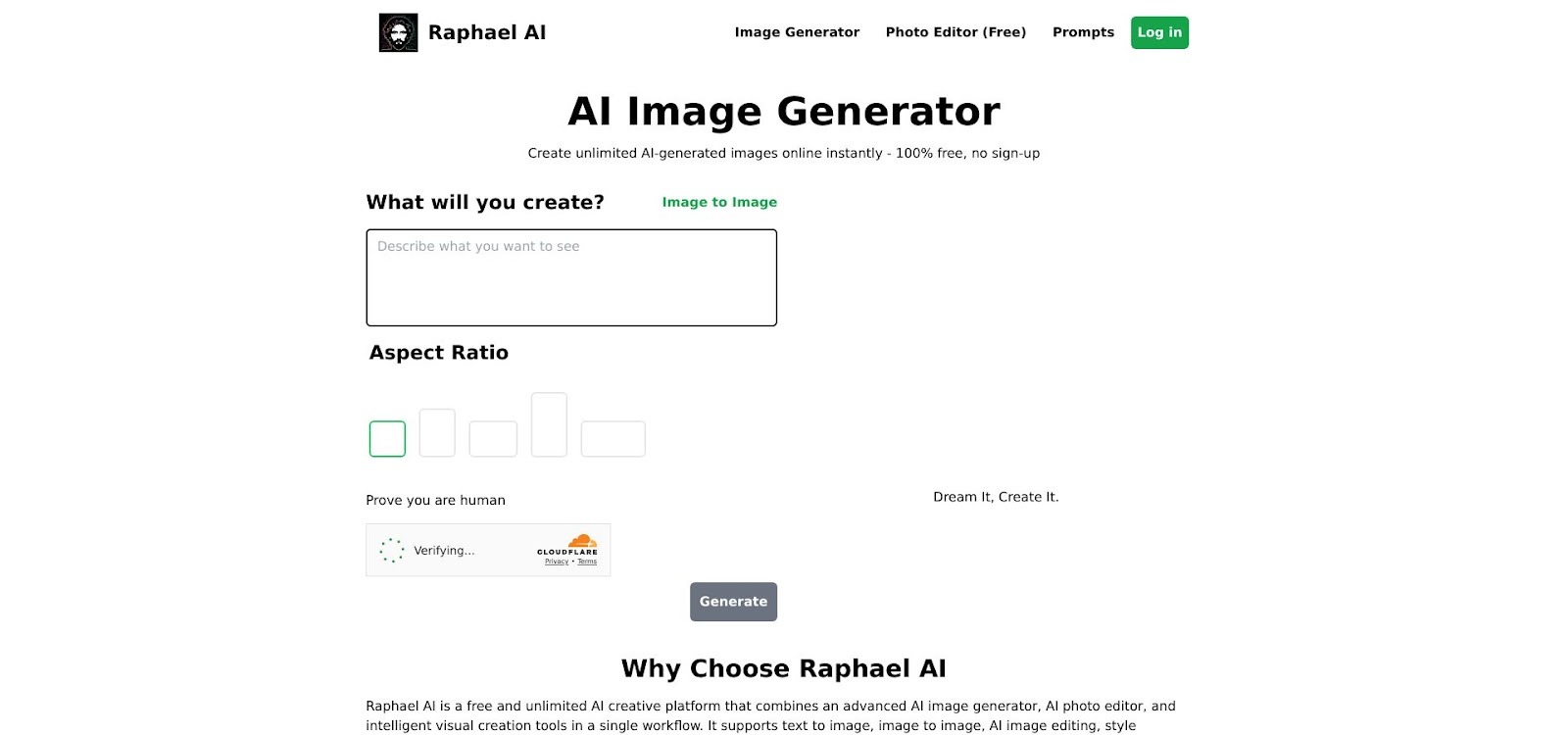 Raphael AI free unlimited image generator UI