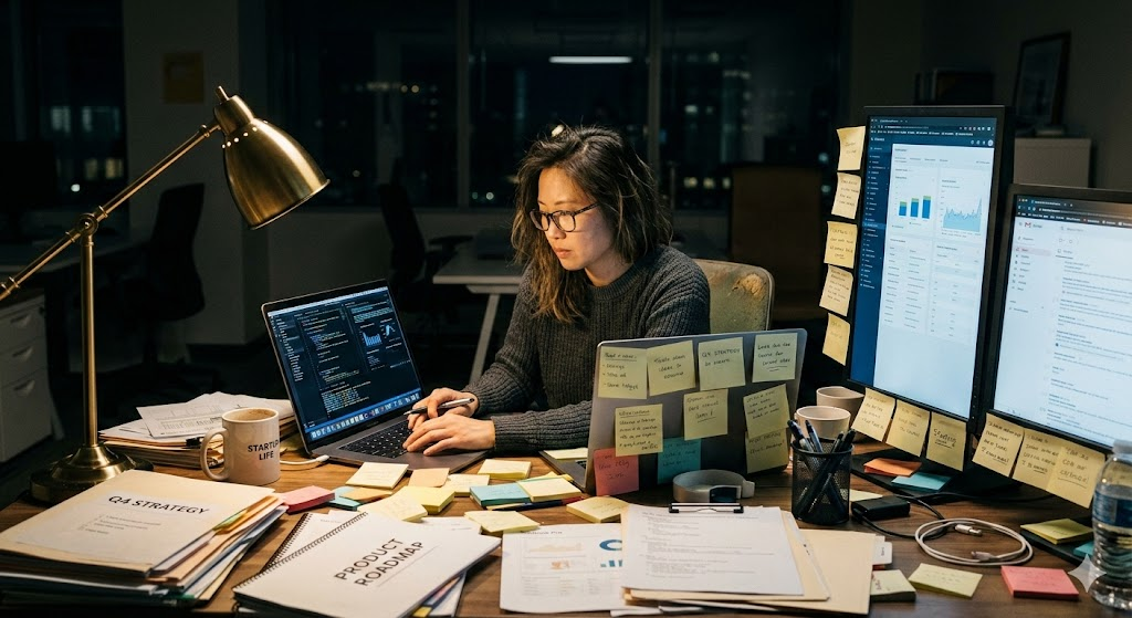 Female entrepreneur working late