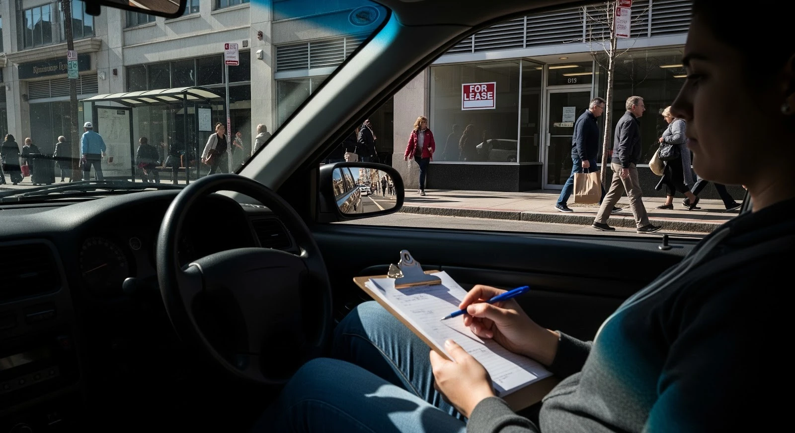 Women sat in a car with a clipboard