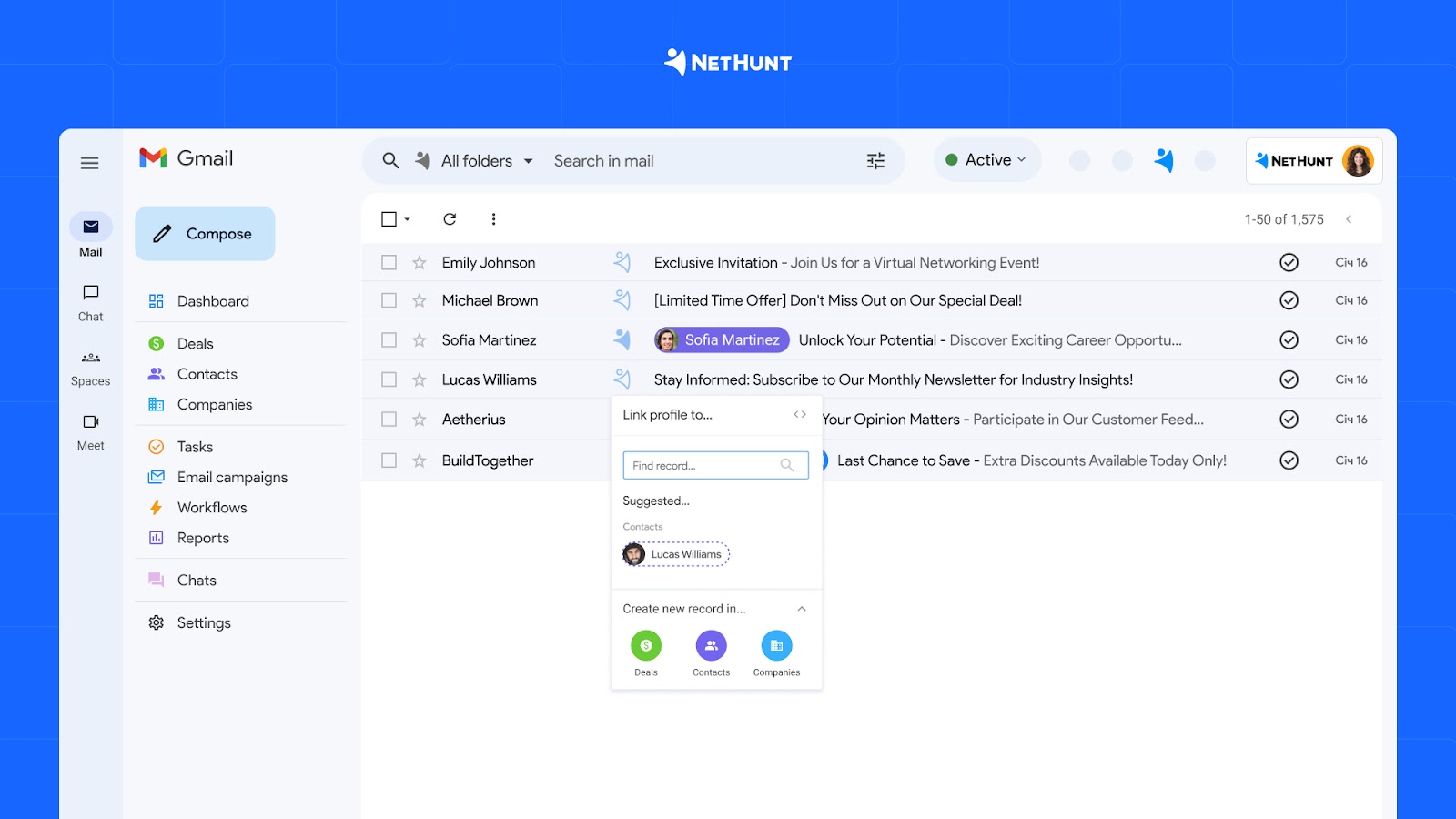 NetHunt CRM interface: Gmail inbox