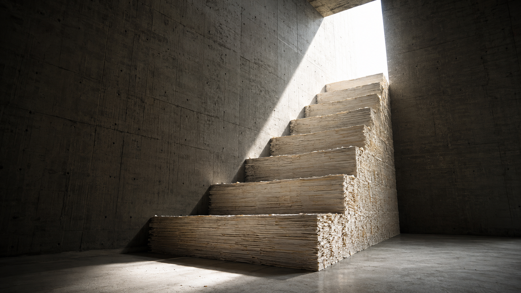A seven-step staircase made from compressed book pages rising through a concrete chamber into daylight
