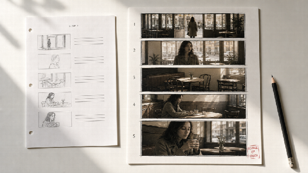 Hand-drawn storyboard sheet beside a printed strip of rendered cafe scene frames