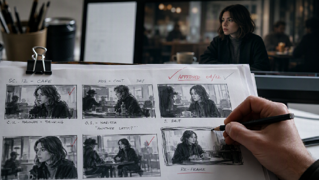 A reviewer marking up a printed storyboard sheet with approval ticks and reframe notes