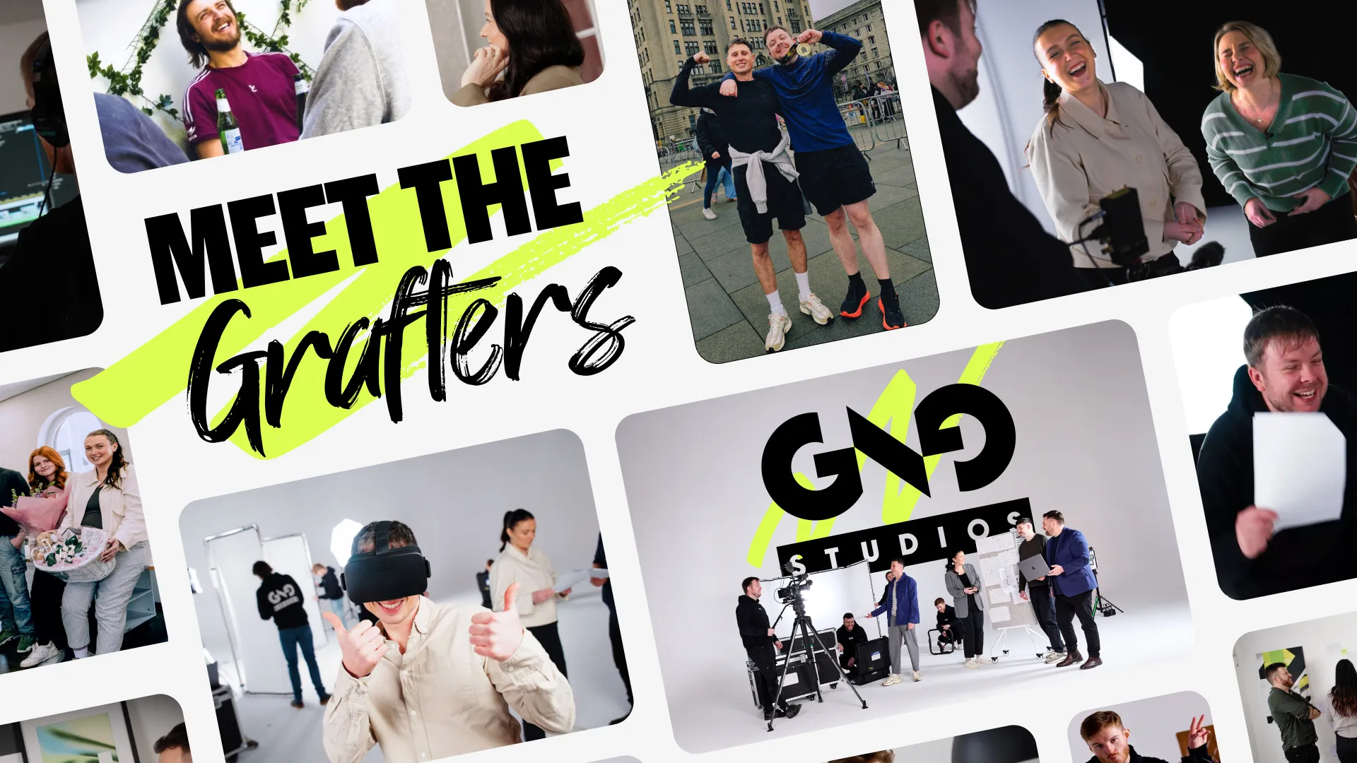 Collection of images of the GNG team with a big title "Meet the grafters"