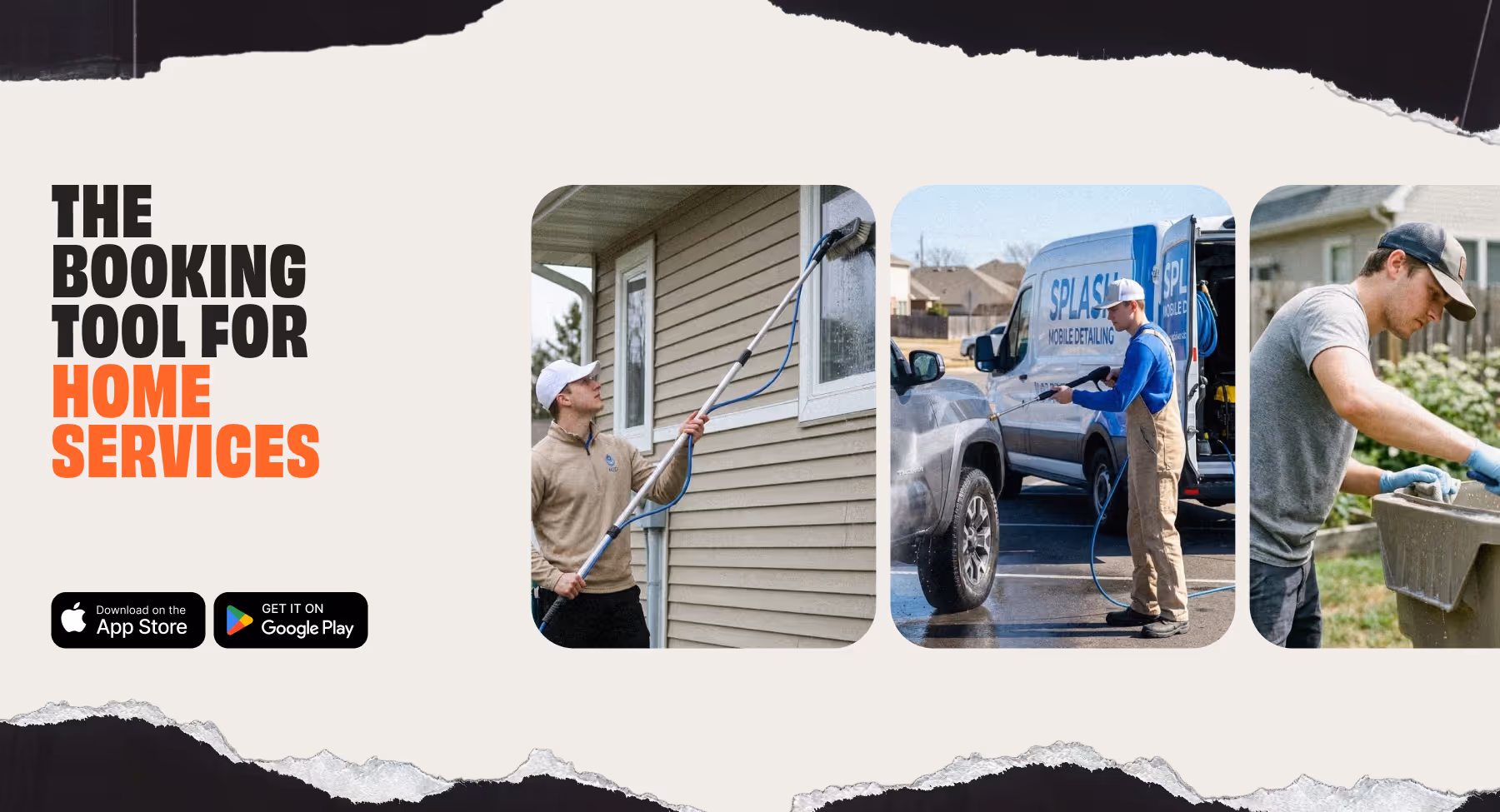 Collage showing three workers providing home services: a man cleaning house siding with a long pole, a man washing a vehicle with a pressure washer, and a man gardening wearing gloves.