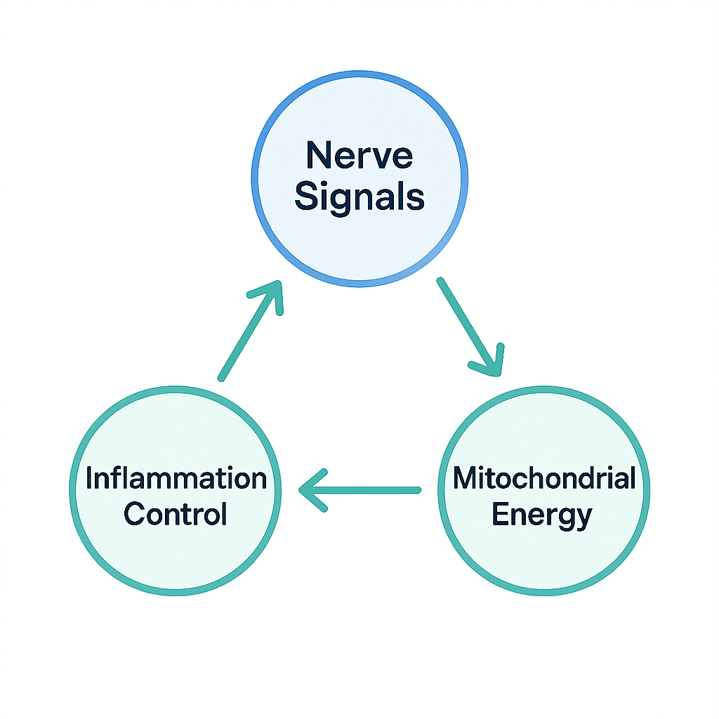 Diagram showing synergy of nerve signals, inflammation control, and mitochondrial energy.