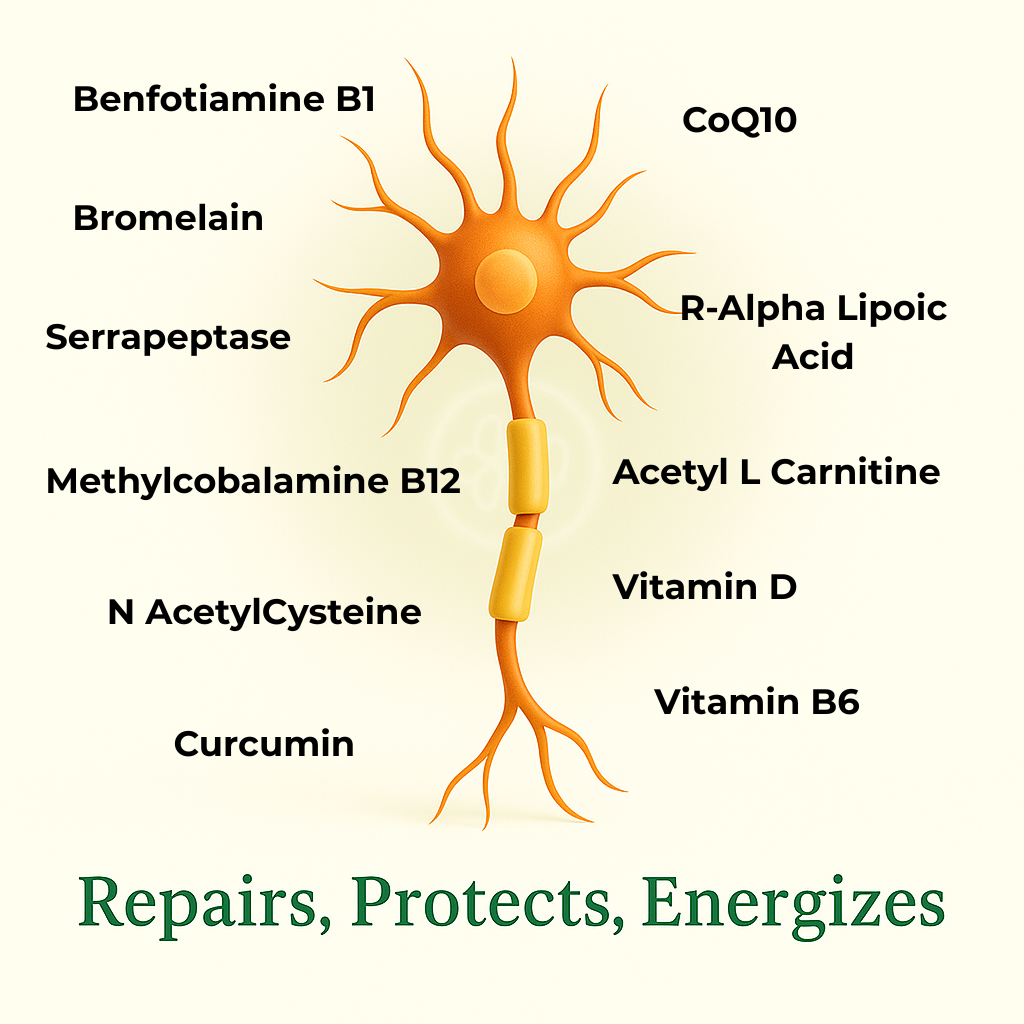 Diagram showing synergy of nerve signals, inflammation control, and mitochondrial energy.