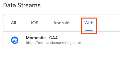 screenshot showing the web option for data streams in GA4