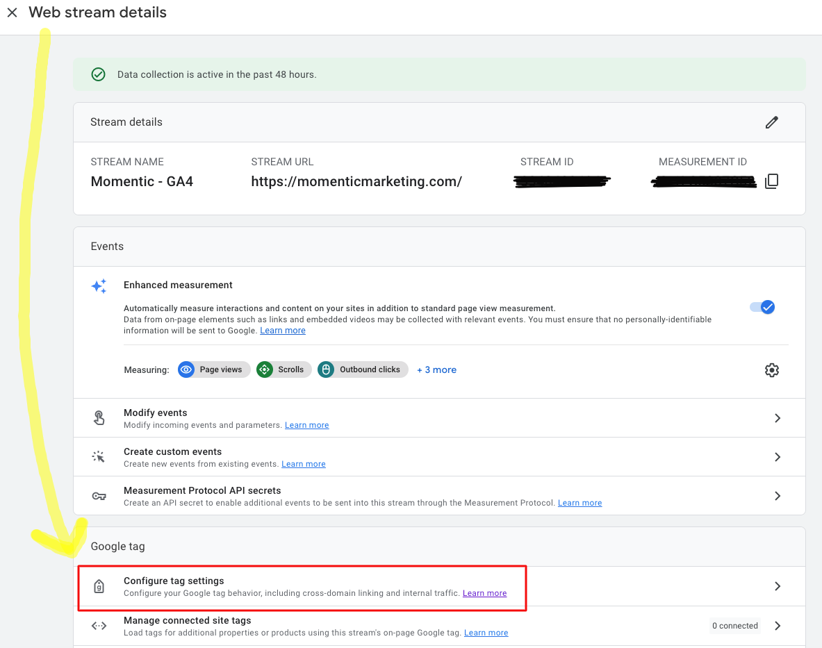 configuring tag settings in GA4 web stream