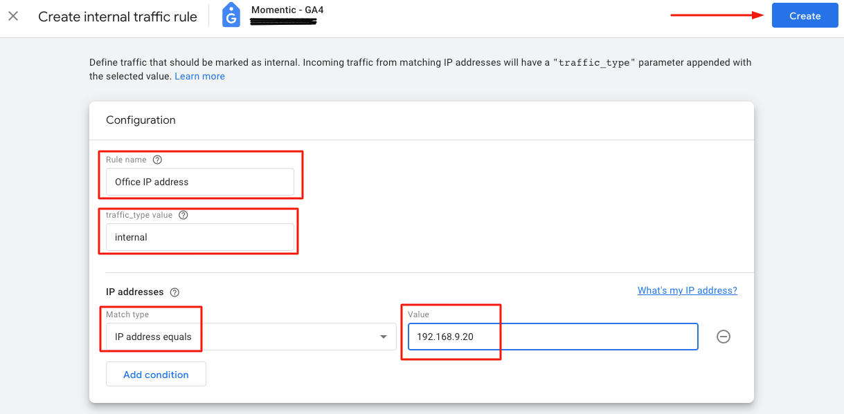 entering an IP address rule in GA4 tag configuration