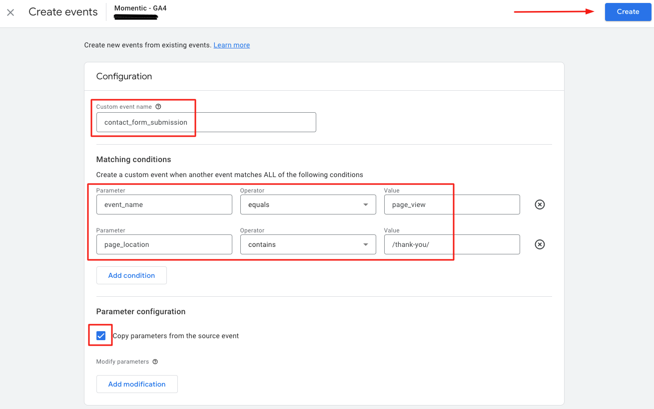 matching conditions for contact form configuration in Google Tag Manager