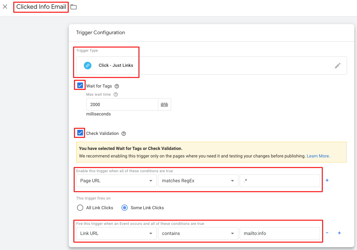 Google Tag Manager trigger setup for Just Links trigger