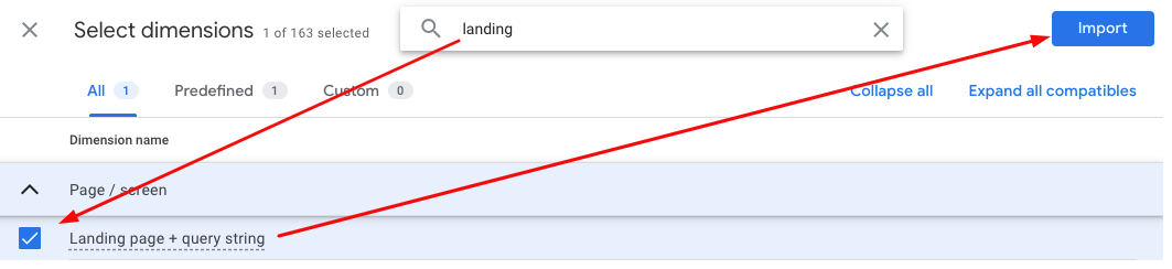 screenshot from GA4 showing how to find and apply landing page dimension in explorations