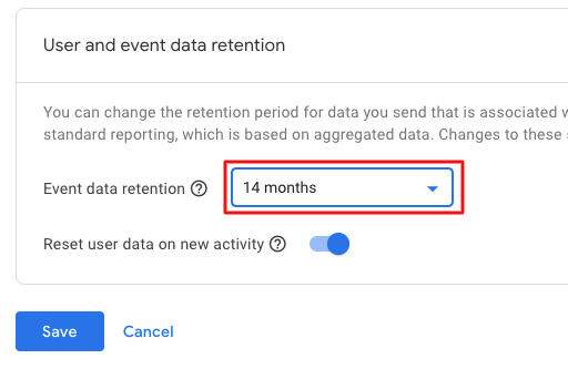 GA4 data retention settings set to 14 months and new user data on new activity toggle in on position