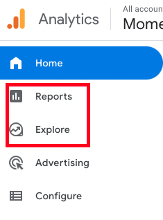 GA4 reports and explore in the left-hand navigation