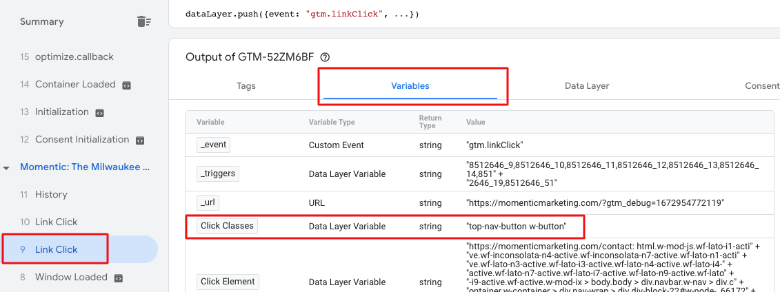 tag assistant summary and output showing click classes and other variables