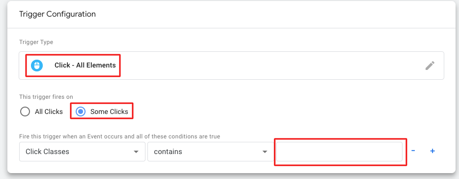 GTM trigger configuration with click classes variable