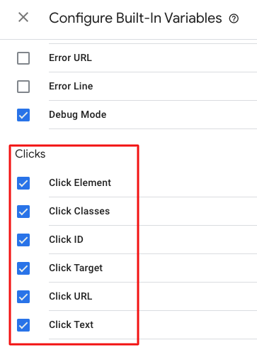 GTM Clicks variables enabled