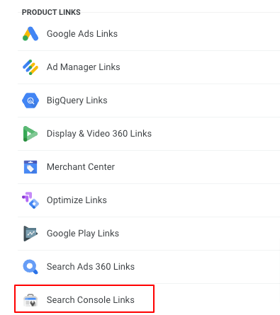 search console links option in GA4 property column 