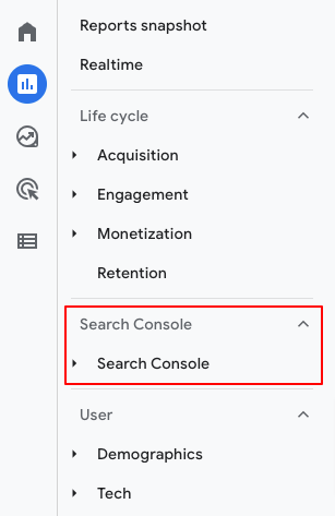 Search console report collection in GA4 side navigation