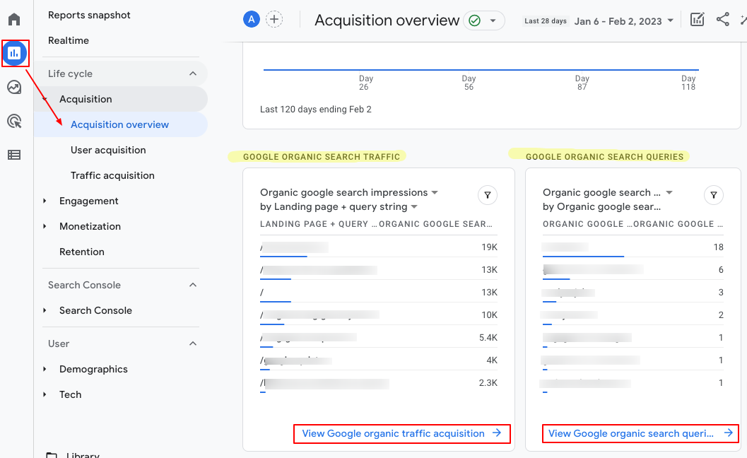 two search console reports under Acquisition overview in GA4