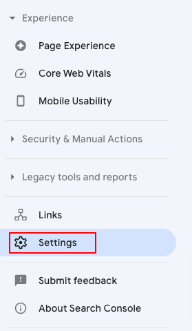 Search Console settings in side navigation