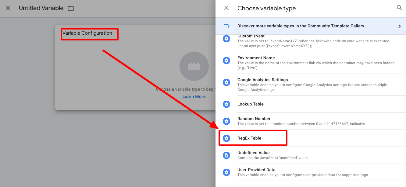 choosing RegEx Table variable type in GTM