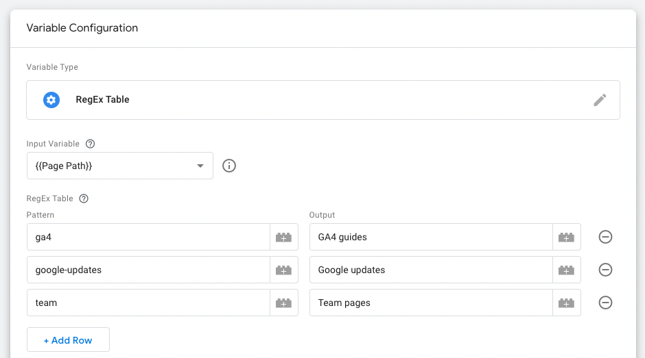 GTM RegEx Table variable configuration 