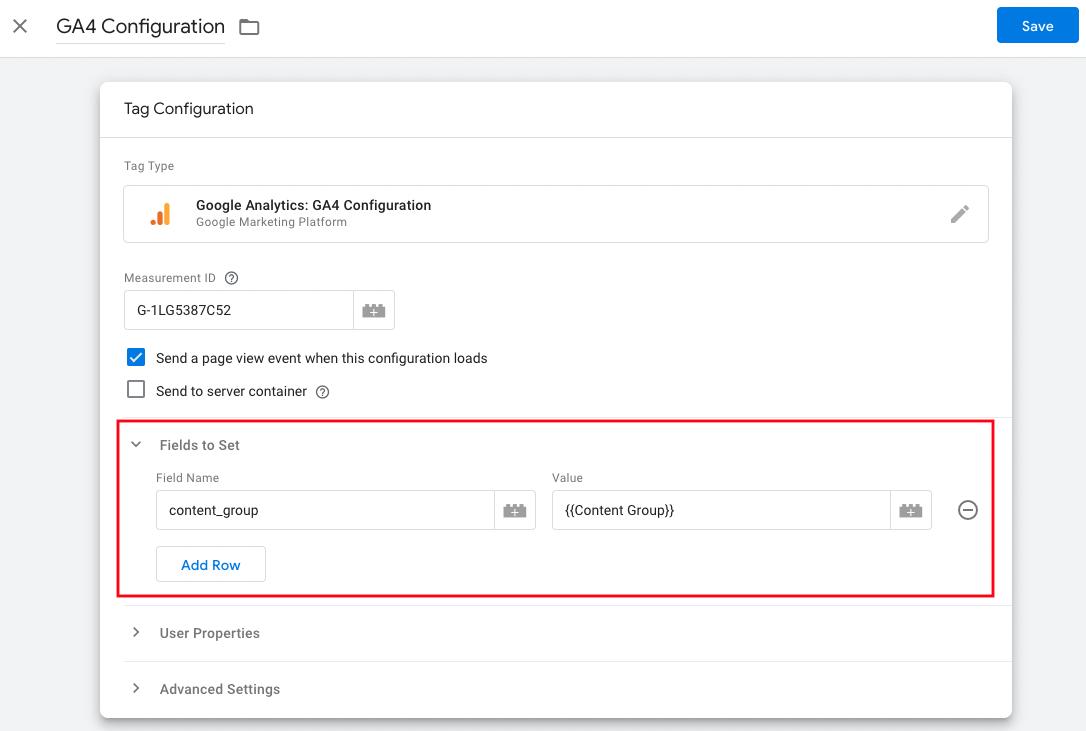 GA4 configuration tag with content group variable added