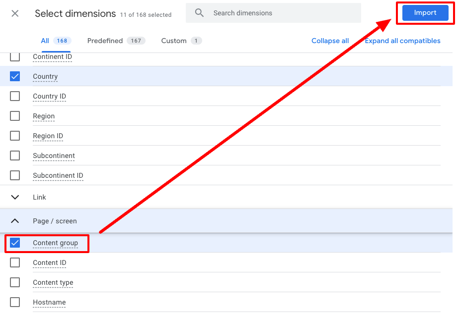 Adding content group dimension to GA4 explorations report