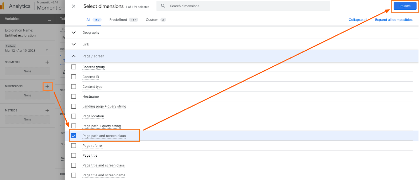 import page path dimension into GA4 exploration