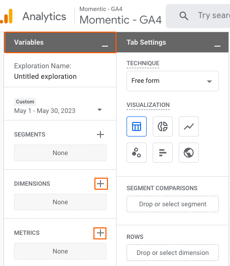 adding dimnsions and metrics to ga4 exploration report