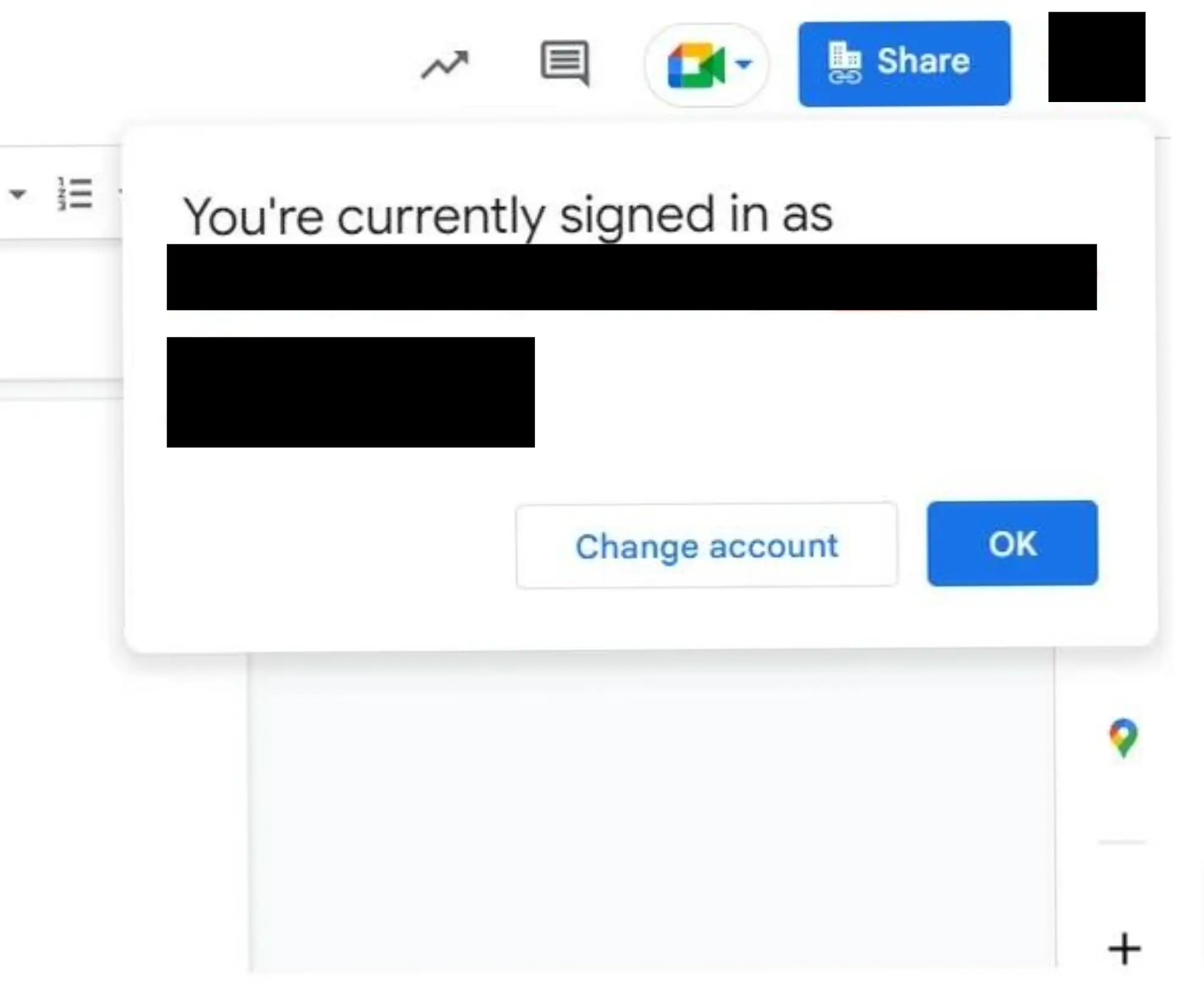 Google Doc showing You're currently signed in as alert