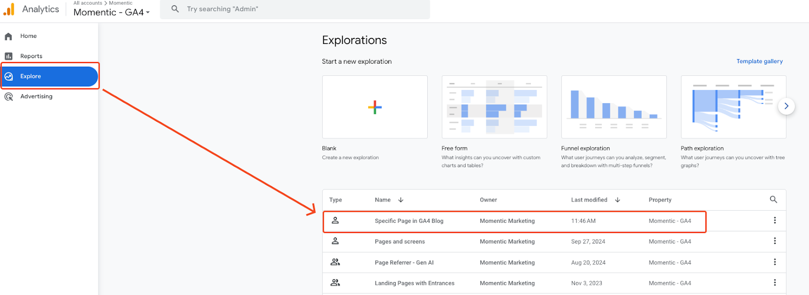 navigating to an exploration report for analyzing a single URL in ga4