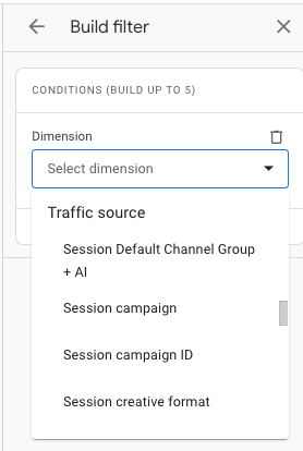 selecting a traffic source dimension for a specific page in a ga4 detail report