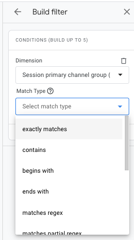 selecting the match type for a traffic source in a ga4 detail report filter