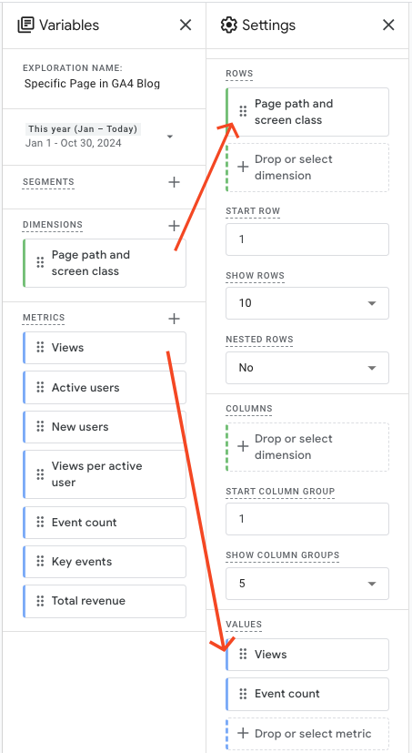 putting dimensions and metrics where they go  moving dimensions and metrics in GA4 explorations from the Variables section to the Settings section