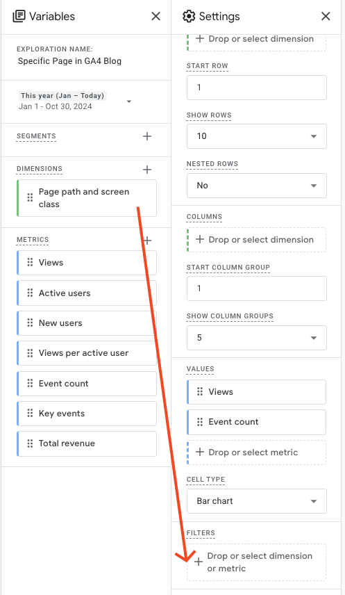 dragging page path and screen class to the filter section  drag and drop page path dimension into filter in GA4 exploration